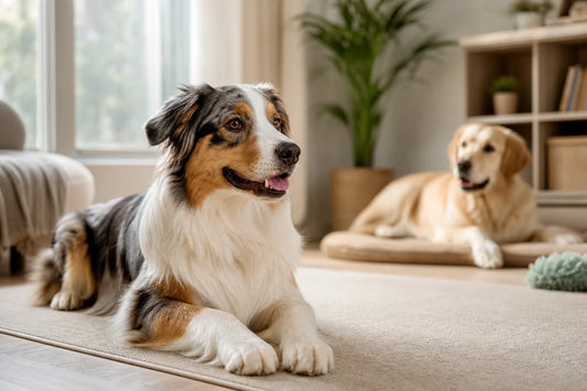 同じ部屋で、距離を保ちながら穏やかに休む2匹の犬