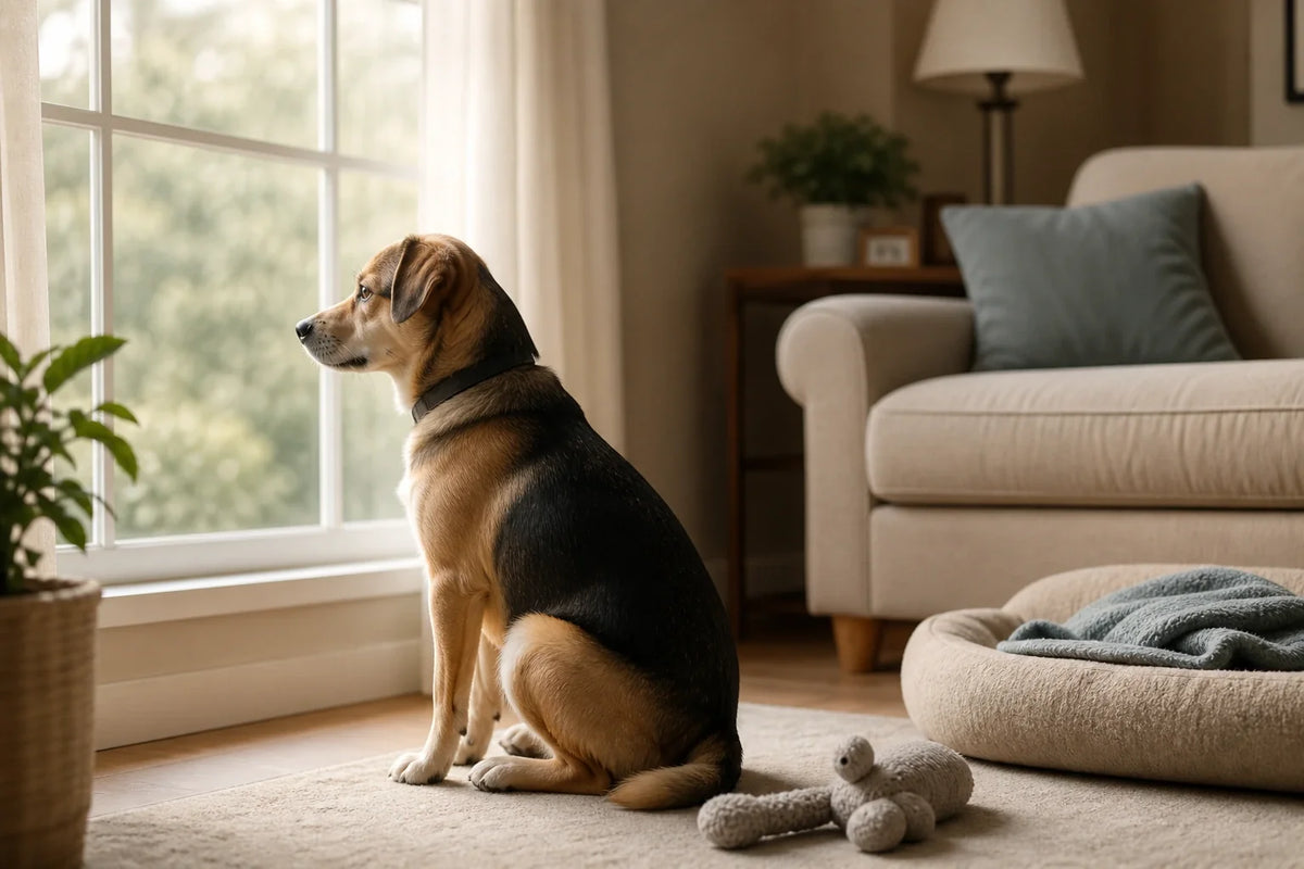 Dog sitting by a window during quiet alone time