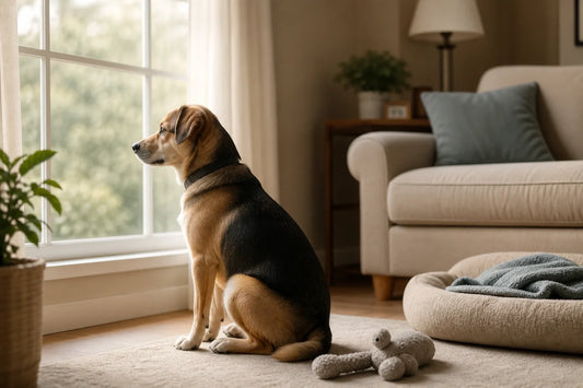 Hund sitzt während einer ruhigen Zeit allein am Fenster