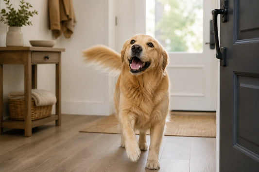 Golden retriever greeting at an open front door