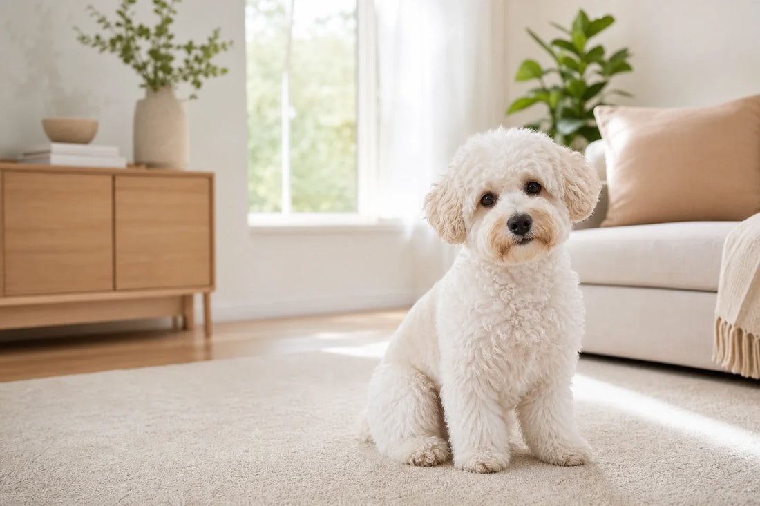 Small dog resting with an owner in a bright home