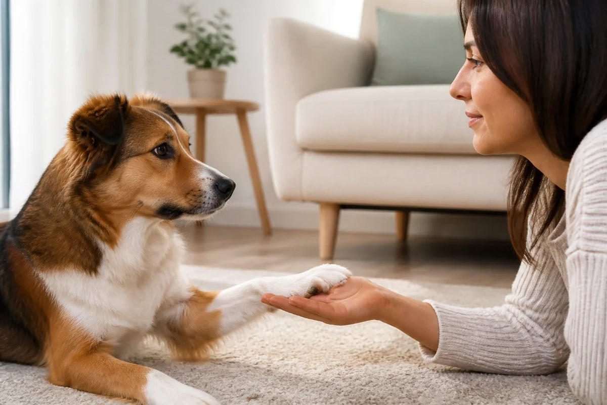 Relaxed dog resting a front paw in an owner's open hand