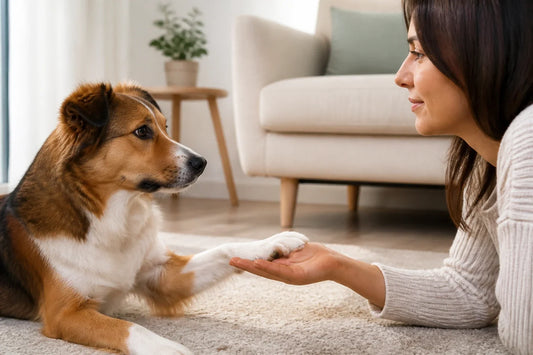 Relaxed dog resting a front paw in an owner's open hand