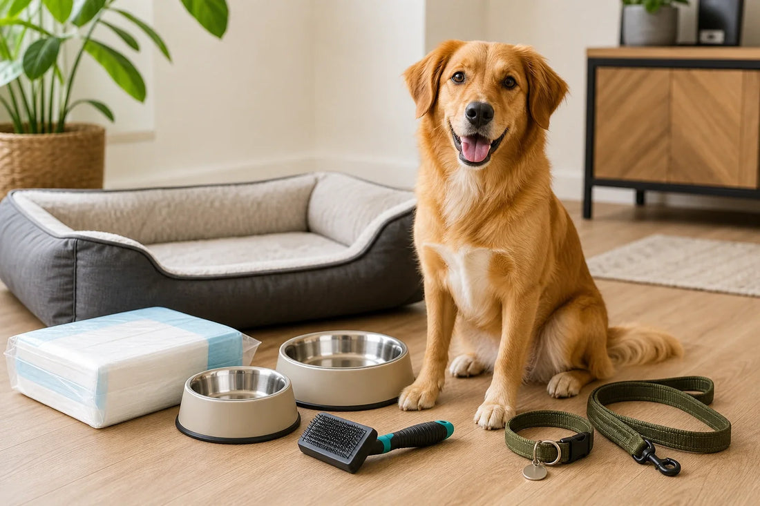 Golden dog beside a bed, bowls, brush, collar and leash in a prepared home