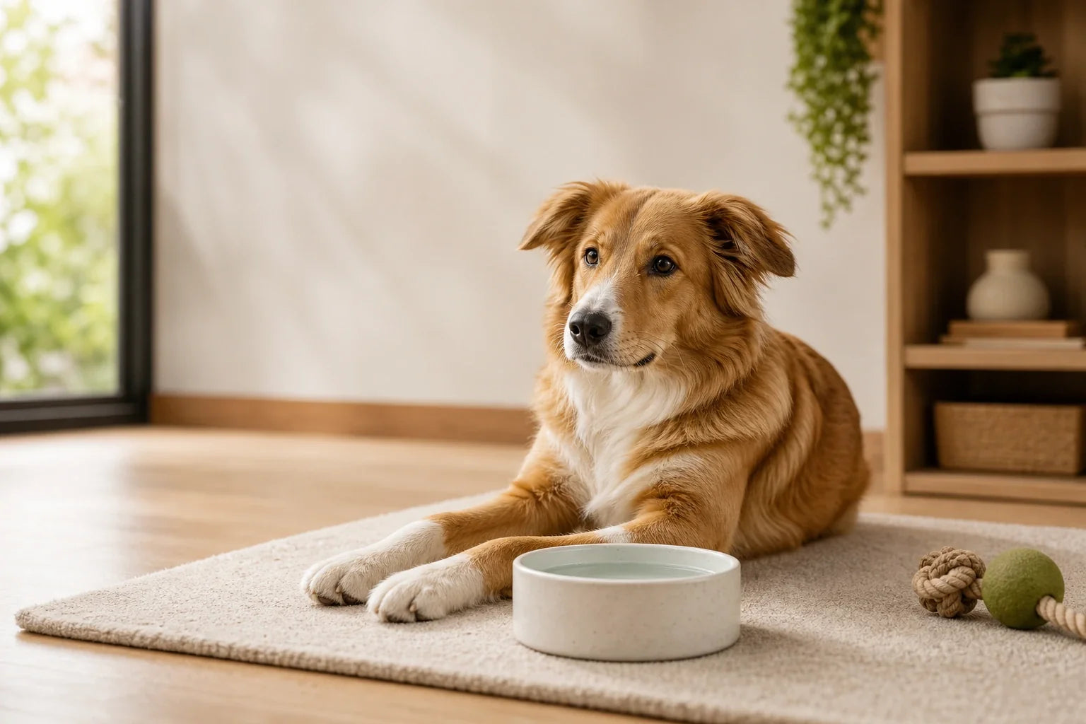 Goud-witte hond die binnen naast een waterbak ligt