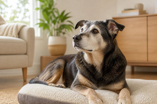 Senior dog resting on a supportive bed in a calm living room