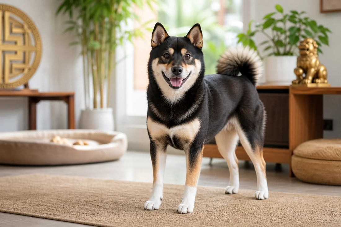 Shiba Inu standing in a bright home with Chinese-inspired decor