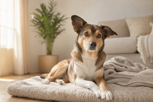 Hond die comfortabel op een zacht bed in een rustig huis ligt