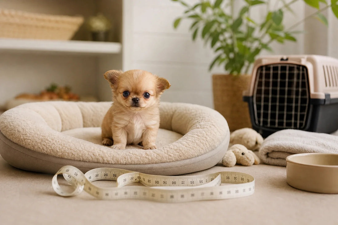 Small puppy resting in a bed beside a measuring tape