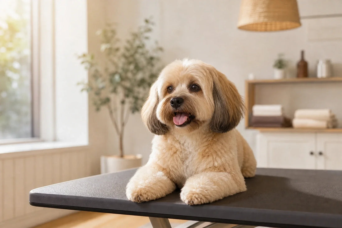 Dog resting on a grooming table with a natural coat