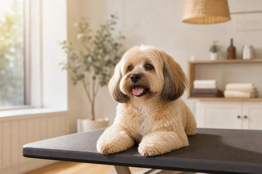 Dog resting on a grooming table with a natural coat