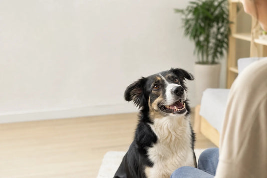 Schwarz-weißer Hund mit geöffnetem Maul, der neben einer Person sitzt