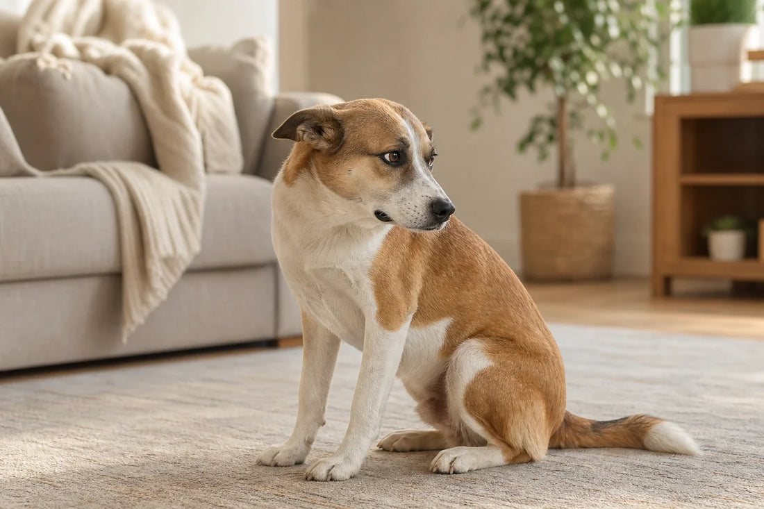 Hund, der drinnen sitzt und zur Seite schaut