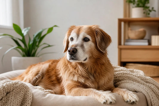 Golden-brown senior dog resting on a cushioned bed indoors