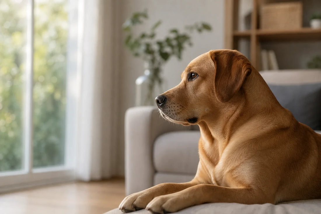 Dog resting on a sofa and watching its surroundings
