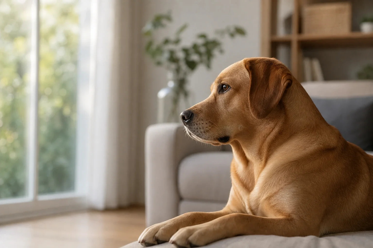 Dog resting on a sofa and watching its surroundings