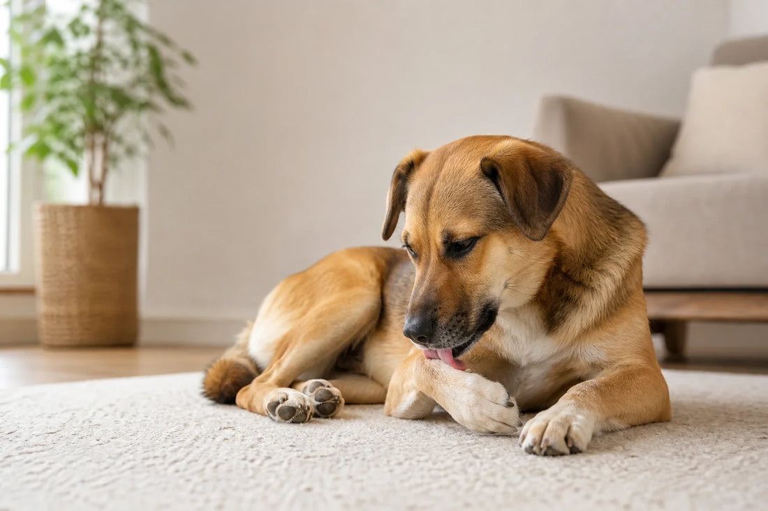 Dog licking its front paw while resting indoors