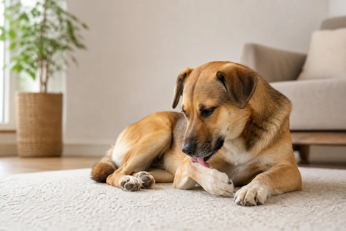 Perro lamiéndose la pata delantera mientras descansa dentro de casa