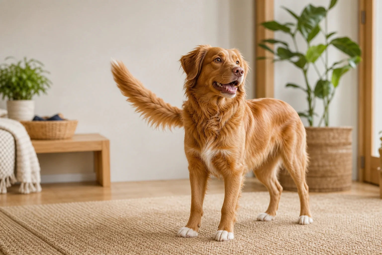 Gouden hond die binnen staat met de staart omhoog