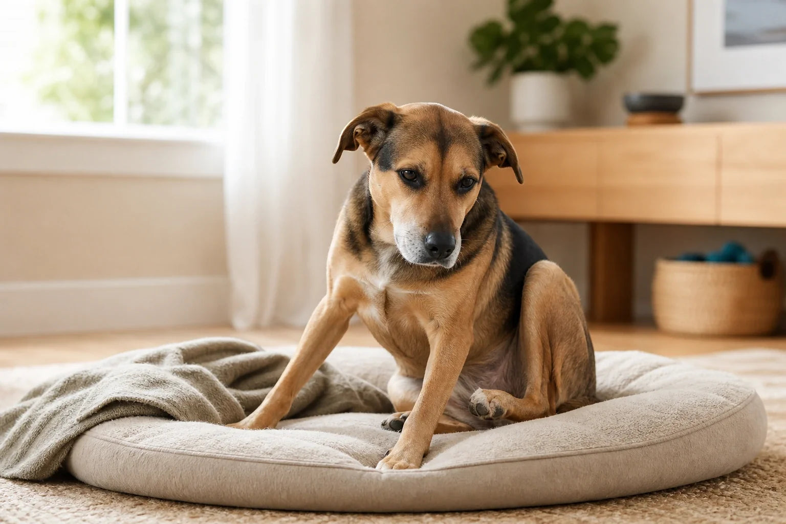 Hond op een bed met een waakzame houding