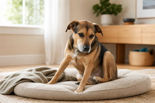 Dog sitting on a bed with a guarded posture