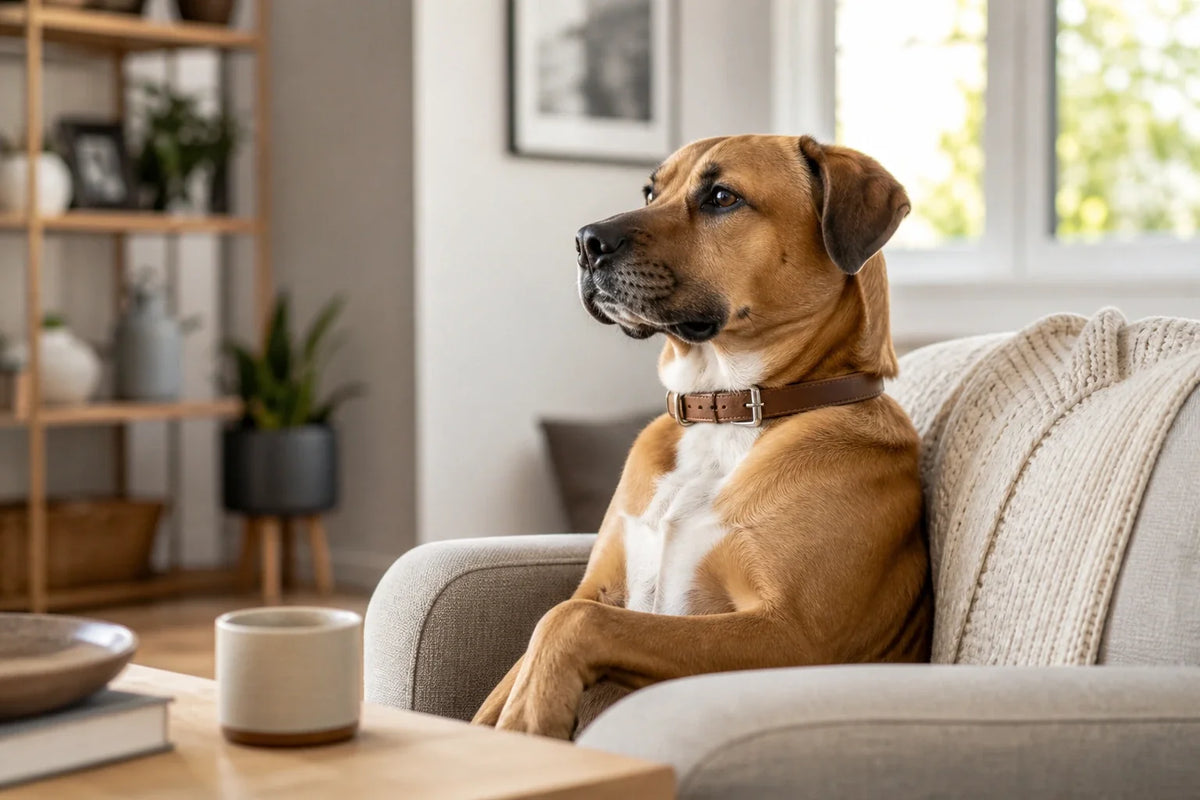 Brun hund sitter upprätt i en fåtölj i vardagsrummet