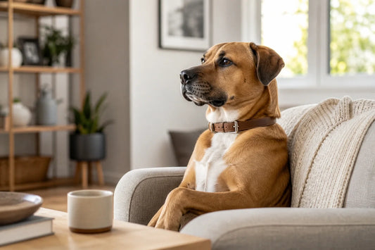 Brown dog sitting upright on a living-room armchair