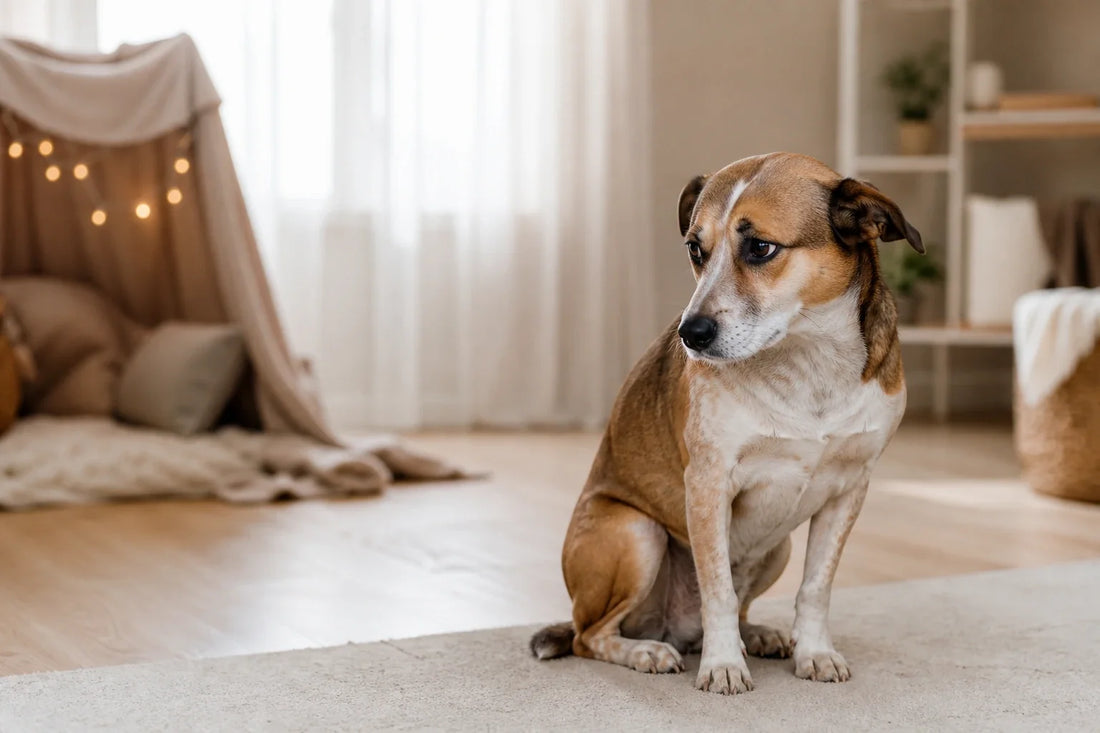Anxious dog sitting quietly in a living room beside a covered resting space