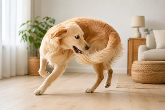 Golden dog turning toward its tail during indoor play