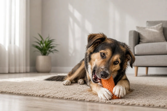Dog calmly chewing a toy on a clean mat