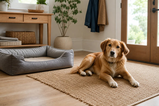 Dog resting on a rug beside an unused dog bed near a home entryway