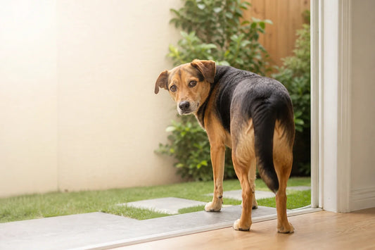 Hond die tijdens een rustig toiletbezoek achteromkijkt naar zijn baasje