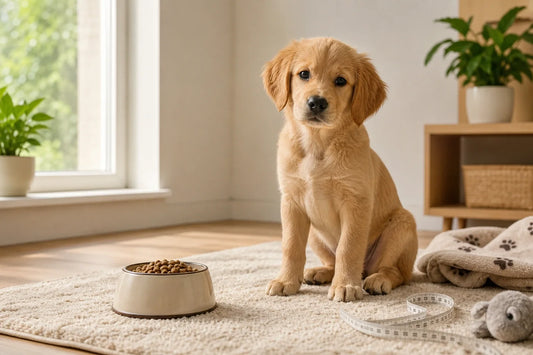 Golden puppy sitting beside a food bowl and measuring tape indoors