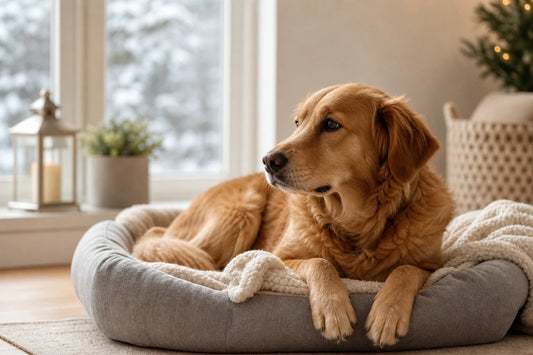 Golden retriever resting in a cozy bed indoors beside a winter window