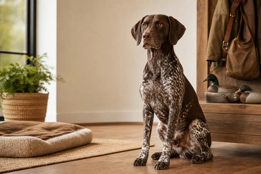 Duitse staande hond die binnenshuis naast jachtuitrusting zit