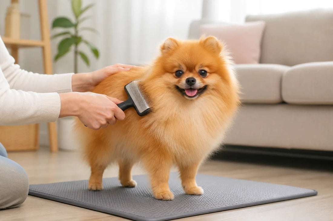 Pomeranian puppy calmly receiving a gentle coat brushing