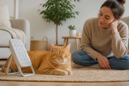 Orange tabby cat resting on a woven mat while a pet parent observes a home care setup