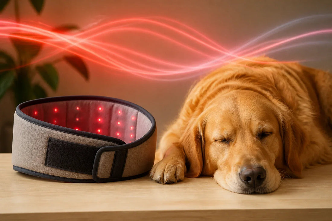 Unbranded wearable pet light wrap beside a sleeping golden retriever with abstract red and near-infrared light bands