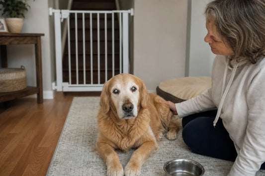 Senior golden retriever with cloudy eyes resting safely beside a caregiver, flat runner, water bowl, and closed stair gate