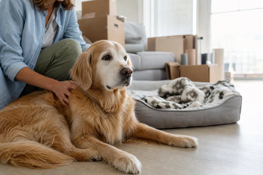 Älterer Golden-Retriever ruht entspannt in einem neuen, hellen Wohnzimmer neben vertrautem Bettzeug