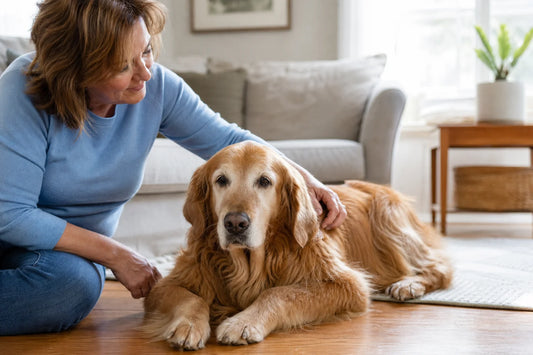 Älterer Golden-Retriever ruht entspannt in einem hellen, vertrauten Wohnzimmer neben einer Betreuungsperson
