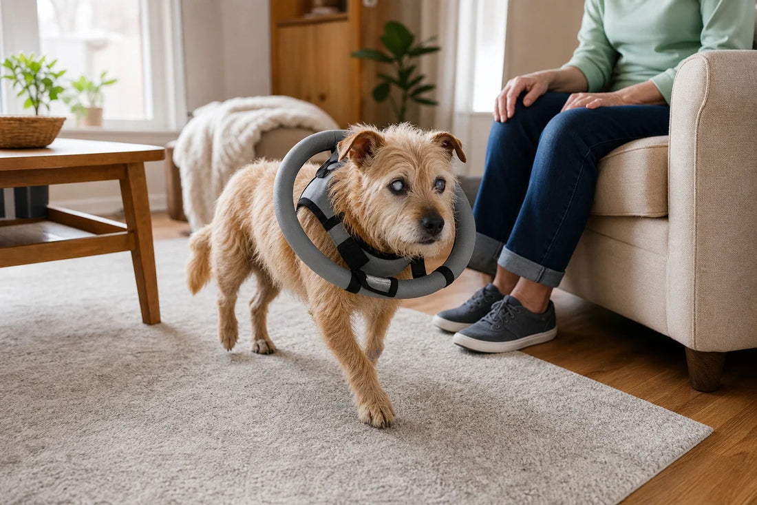 Petit terrier âgé aux yeux voilés portant un harnais halo rembourré léger, avançant calmement dans un salon bien rangé