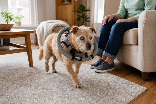 Petit terrier âgé aux yeux voilés portant un harnais halo rembourré léger, avançant calmement dans un salon bien rangé