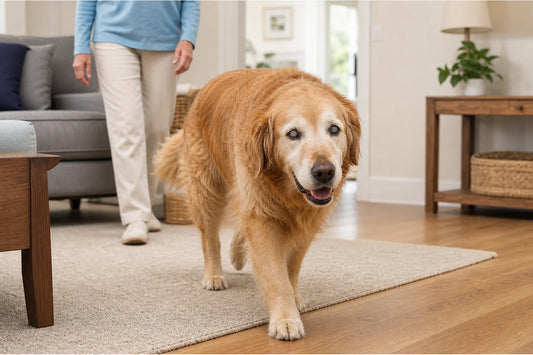 Un retriever doré âgé aux yeux voilés avance avec assurance dans un salon bien rangé, où les passages sont dégagés, avec une personne à proximité