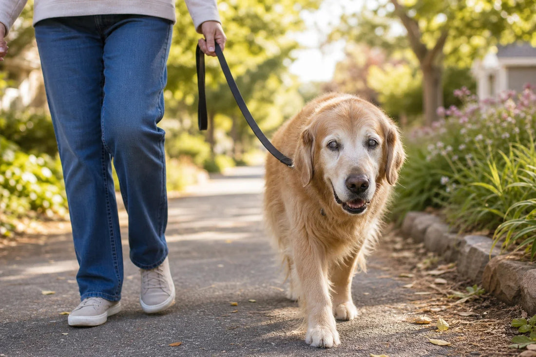 Retriever dourado sénior, com os olhos turvos, a caminhar tranquilamente por um caminho sossegado do bairro, junto do cuidador que segura a trela
