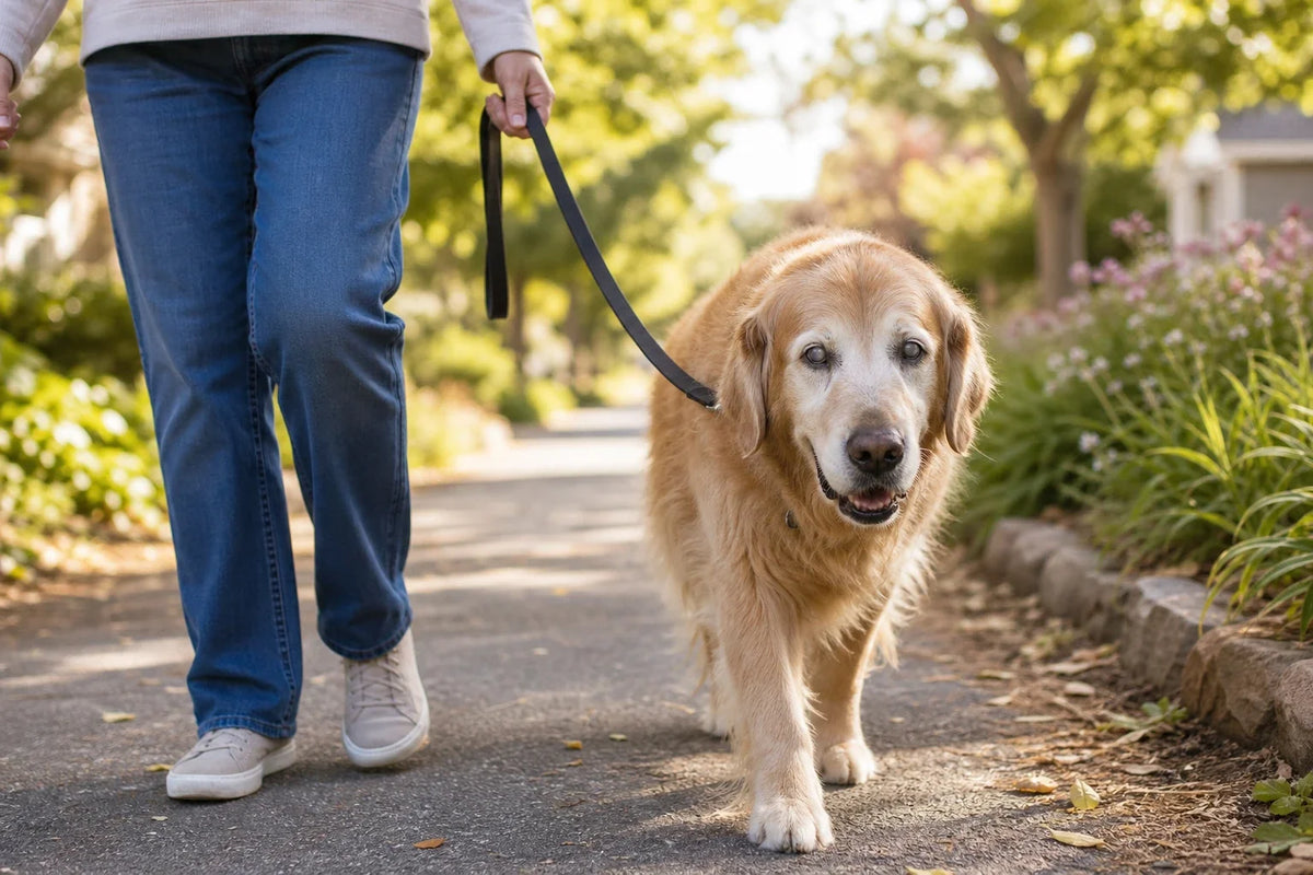 Senior golden retriever with cloudy eyes walking calmly on a quiet neighborhood path beside a caregiver holding a leash