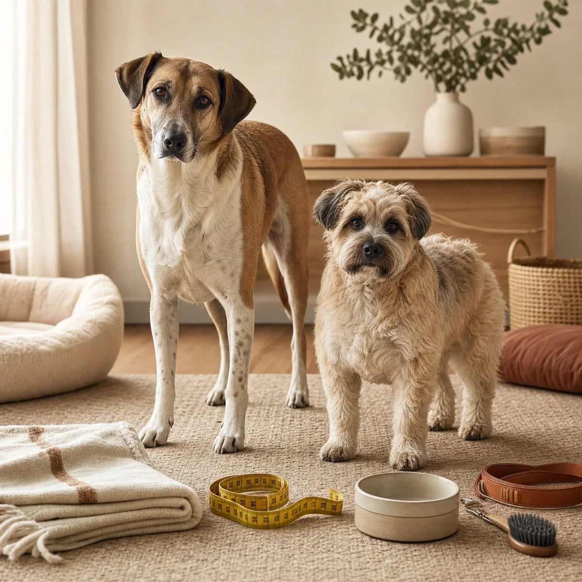 Different dog body shapes compared with a tape measure for better product fit
