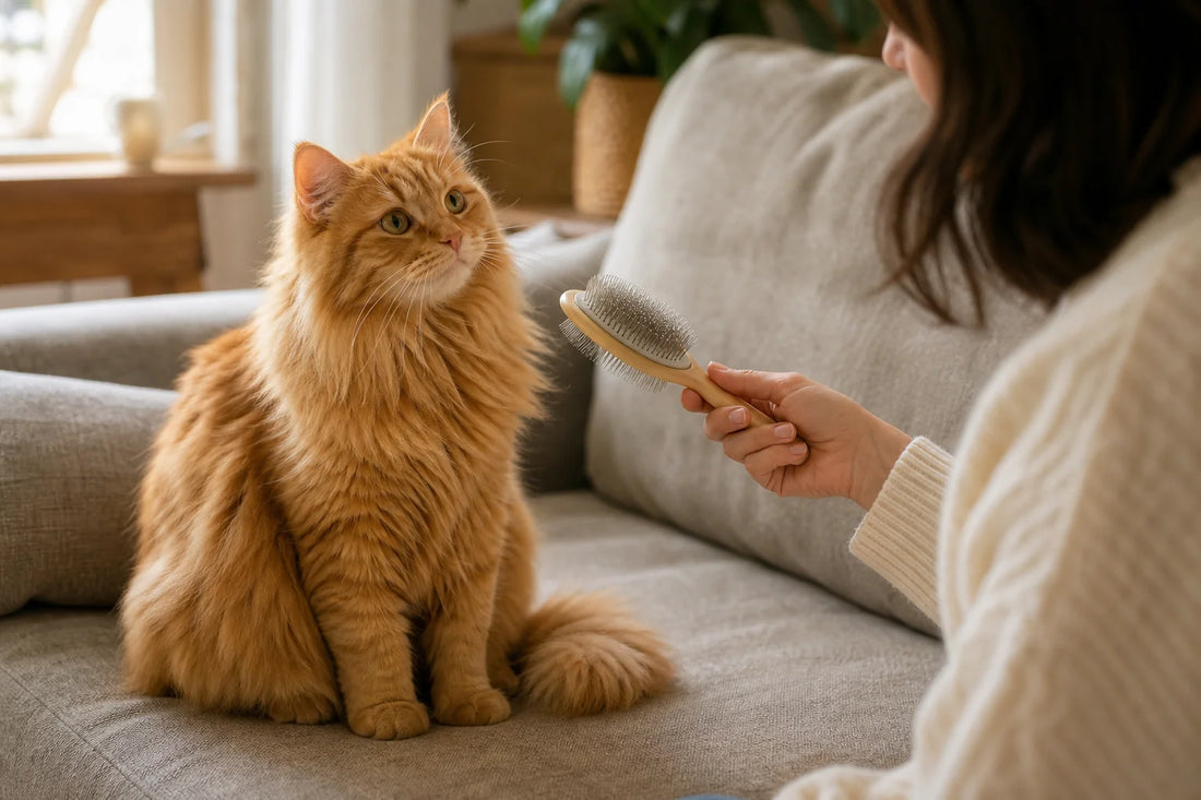 Langhaarige orangefarbene Tabby-Katze beobachtet eine Pflegebürste, die eine Betreuungsperson in respektvollem Abstand hält