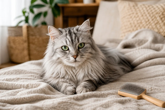 Langhaarige silberne Tabby-Katze ruht ruhig neben einer weichen Pflegebürste auf einer warmen Leinendecke