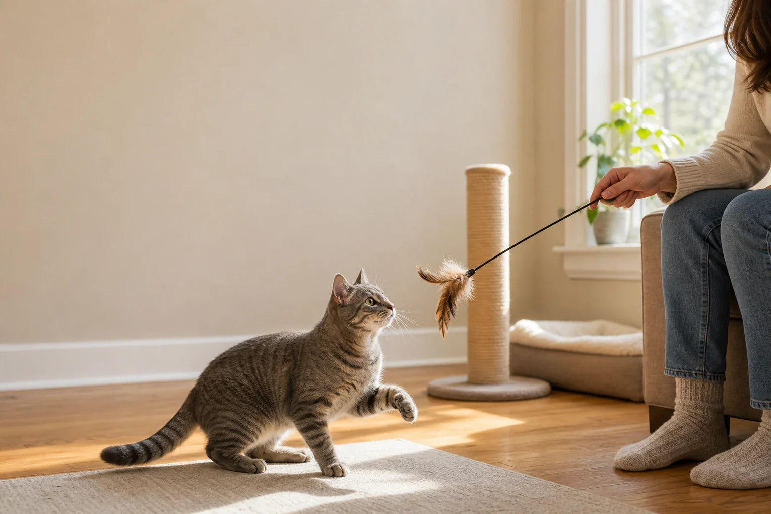 Indoor gray tabby cat choosing a wand toy in a calm sunlit living room